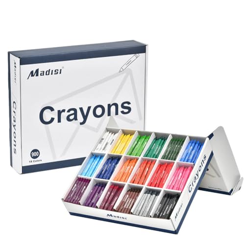 Madisi Crayon Bulk pack, Regular Size, 18 Colors, 900 Count | Large Box Set of Crayons for Kids, School Classroom Supplies