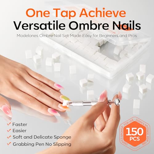 Modelones 150pcs Nail Sponges for Ombre, Nail Art Sponge with Grabbing Pen Reusable Soft Sponges for Gradient Ombre Blush Chrome Design Effects Professional Nail Stuff Supplies DIY - color: White