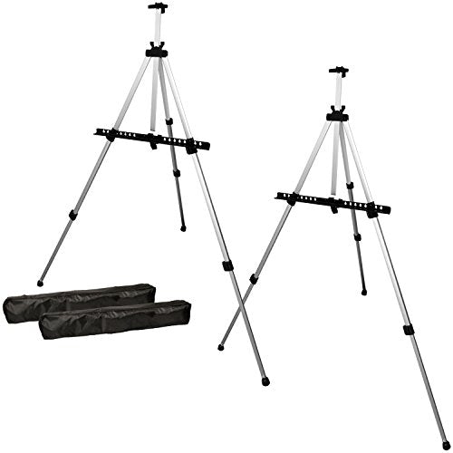 U.S. Art Supply 66" Silver Metal Tripod Easel Display (2 Pack) - Adjustable 18"- 5.5', Holds 36" Canvas - Floor/Tabletop Easel Stand, for Sign Display, Painting, Poster Board, Canvas - Portable Bag