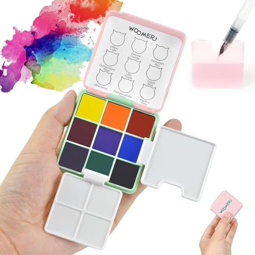 Woomer 9-Color Travel Watercolor Pan Set for Beginners & Sketch Artists | Fold-Out Mixing Trays, 5 Mixing Zones and a Portable Rinse Cup for Easy Color Mixing, Washes and On-Location Painting - color: 9 Colors