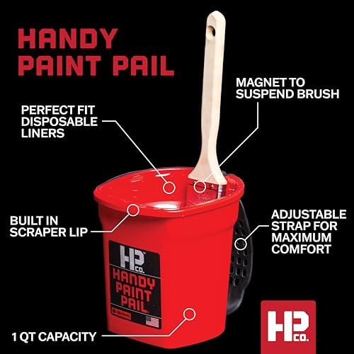 Handy Paint Pail Kit, 32 fl oz Paint Holder with 6 Disposable Liners, Snap-On Lid and 2-Inch Angled Mini Brush for Trim, Cut-Ins, and Small Painting Projects, Red Kit