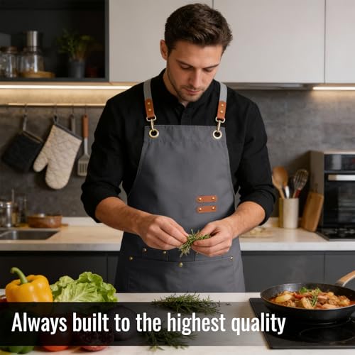 Aoomzoon Durable Kitchen Apron,Multifunctional Chef Aprons for Women & Men with Pockets for Cooking Baking & Daily Use - color: Grey