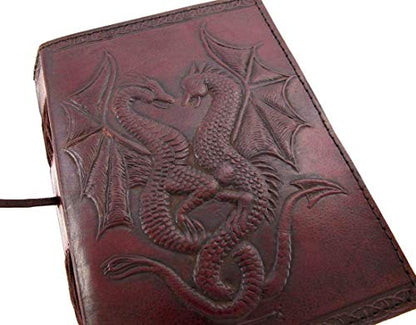 AzureGreen DOUBLE DRAGON Blank Page BOOK Handcrafted Leather Writing Unlined 5 x 7 JOURNAL (MEDIUM, Large Brown 8"x6") - color: Large Brown