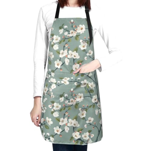 Cream Pastel Wildflower Art Waterproof Apron with Pockets | Garden Aprons for Men Women Adjustable Bib Apron for Cooking Kitchen Baking BBQ Painting Housework Oil Resistant - color: Sage White Blossom