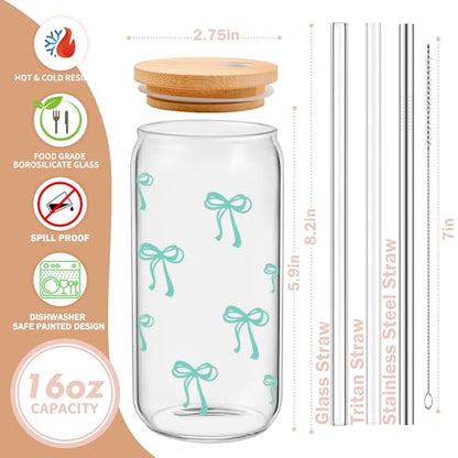BIPEDS Coquette Cute Sage Green Bow Glass Cups with Lids and Straws, Aesthetic Iced Coffee Cup Girly Preppy Tumbler Mug, Christmas Valentines Birthday Gifts for Women, Teen Girl Gifts Trendy Stuff - color: 06-Bow-Sage Green