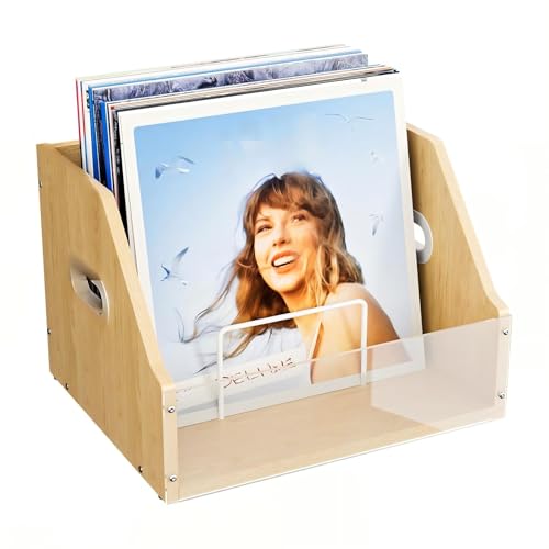 Vinyl Record Storage with Separators,Visible Acrylic & Wooden Crate for Records Holder Storage Box for Vinyl & Album Natural Beige - color: Natural Beige