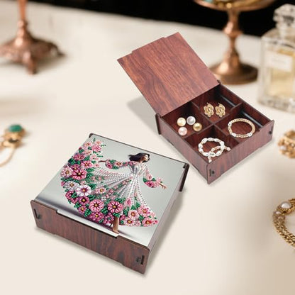 DIY Diamond Art Storage Box, Flower Lady Design Wooden Diamond Painting Case with Flip-Top Lid and 4 Divided Compartments, Desktop Craft, Jewelry and Accessories Supplies Storage Container - color: Flower Lady