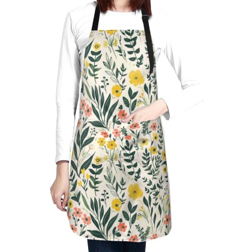 Fresh Meadow Floral Waterproof Apron with Pockets | Housework Aprons for Men Women Adjustable Bib Apron for Cooking Kitchen Baking BBQ Painting Garden Oil Resistant - color: Fresh Meadow Floral
