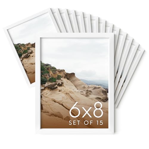 HAUS AND HUES 6x8 White Metal Picture Frames - Bulk Frames 6x8 - Features Premium Aluminum, Vertical Hanging, Easel Back for Tabletop, Home, Office (6x8 in, White, Set of 15) - color: White Metal, size: 6x8 in, style: Set of 15