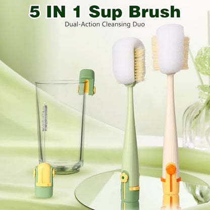 5 in 1 Bottle Cleaning Brush Set, 2026 New Multifunctional Water Bottles Cleaner Brushs, Detachable Portable Bottle and Cup Lid Cleaning Brush Tool, Straw, Lid, Gap & Cup Brushes (Green + White)