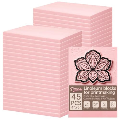 45Pcs 4"x6" Premium Soft Rubber Linocut Blocks, Easy Cut Relief Linoleum Carving Blocks for Stamp Making, Printmaking, DIY Art and Hand Craft Projects - color: linocut block 4x6x0.2in-45pcs
