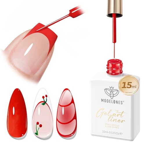 modelones Red French Tip Liner Gel Polish, 15 ML Bright Apple Red Valentine's Day Nail Art Paint Swirl with Ultra Fine Line Brush Soak Off U V DIY Home Salon Professional Manicure Gift for Women - color: Apple Red Liner