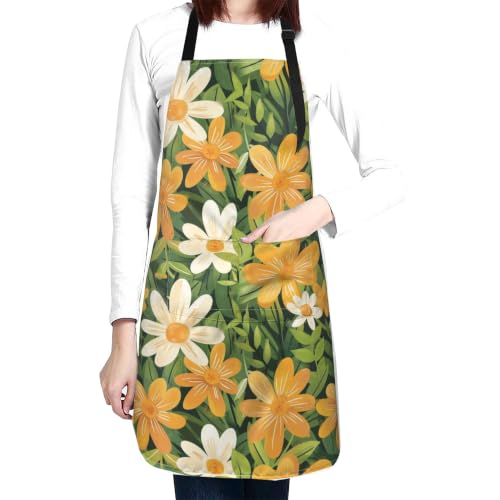 Fresh Meadow Floral Waterproof Apron with Pockets | Housework Aprons for Men Women Adjustable Bib Apron for Cooking Kitchen Baking BBQ Painting Garden Oil Resistant - color: Bright Summer Blooms