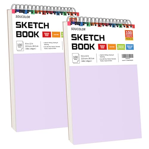 Soucolor Sketch Book 9" x 12", 2 Pack School Art Supplies Gifts for Girl | 200-Sheets Each (68lb/100gsm) Purple Drawing Notebook for Kids,Gifts for Women,Perfect for sketching, drawing,colored pencils - color: Purple, size: 9" x 12" (Pack of 2)