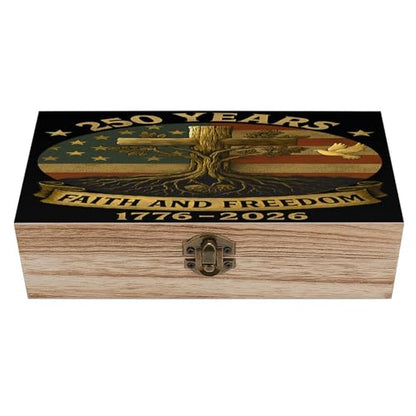 250 Years Faith And Freedom 1776 2026 USA Flag Cross Tree Roots Dove Jewelry Box Wooden Rustic Multi-Purpose Organizer with Front Clasp for Jewelry, Crafts, Accessories & Small Items - color: style-6