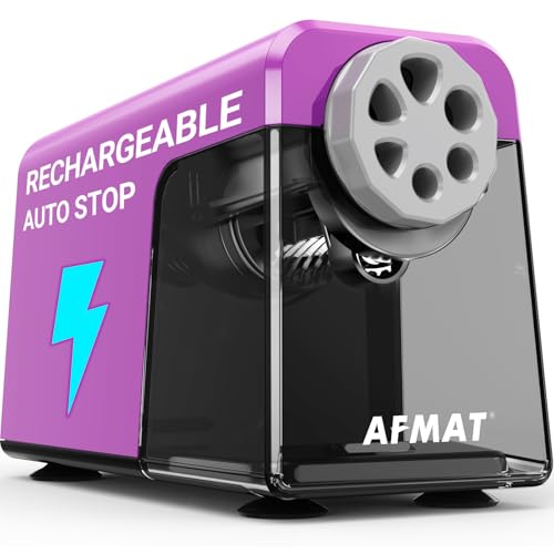 AFMAT 6-Hole Electric Pencil Sharpener, Cordless & Rechargeable, Colored Pencil Sharpener for 6-11mm Pencils, Auto Stop, Super Fast, 10,000+ Sharpenings, Battery Powered for Classroom/Home/Office PSD1 - color: Purple