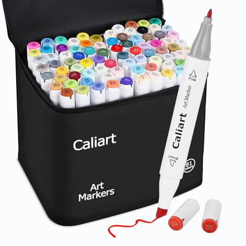Caliart Alcohol Based Markers, 81 Colors Art Drawing Markers Set Dual Tip Fine & Chisel Permanent Colored Sketch Pens, with Case for Artists Adults Coloring Book Illustration - style: Fine & Chisel Tip