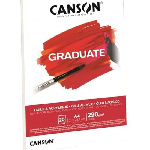 CANSON Graduate Oil and Acrylic 290gsm A5 Paper, Non-Woven, Pad Glued Short Side, 20 Natural White Sheets, Ideal for Student Artists - size: A5