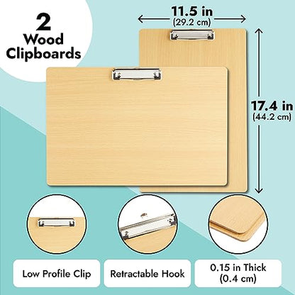Paper Junkie Extra-Large Legal-Size Wooden Clipboard - Clipboard, Retractable Hook - Surface for Drawing Wooden Board - Multi-Orientation Legal Paper Support - 2-Pack,11.5 x 17.4 in