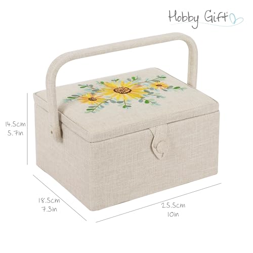 Hobby Gift Medium Sewing Box Organiser, Fabric Covered Storage Box with Handle, Internal Tray, Pin Cushion and Pocket for Sewing, Quilting and Knitting Supplies - color: Embroidered Eucalyptus