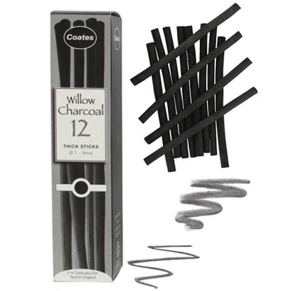 PH Coate Artist Willow Charcoal Thick, 12 Sticks, Black - style: Thick