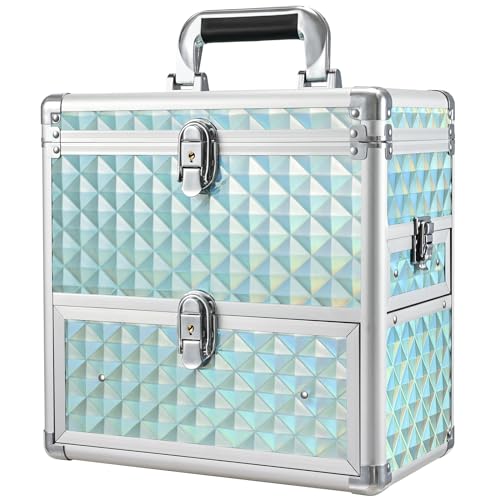 FRENESSA Extra Large Makeup Organizer Case Cosmetic Box Storage with Drawer Mirror Nail Manicure Accessory Organizer With Dividers Travel Nail Art Case for Makeup Artist Nail Tech Case Watery Blue - color: Watery Blue