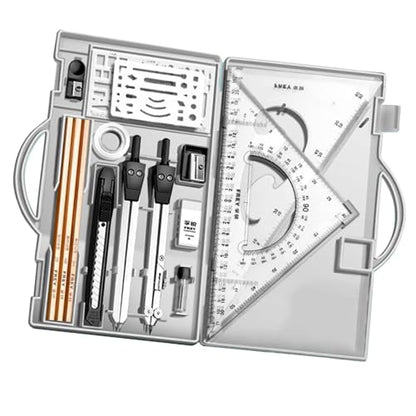Professional Geometry Set(16Pcs) - Geometry Kit For Artists And Students | Geometry Set With Metal Rulers | Triangle Ruler Compass Protractor Set | Architecture Drawing Pencils Drafting Set - color: Transparent