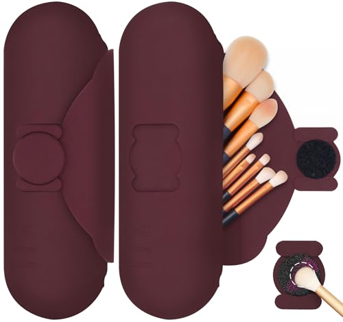 Travel Makeup Brush Holder with Cleaning Pad -Silicone Brush Organizer Case, Magnetic Closure Waterproof Cosmetic Bag for Easy Storage & On-the-Go Cleaning (9.05 Inch) - color: Brown