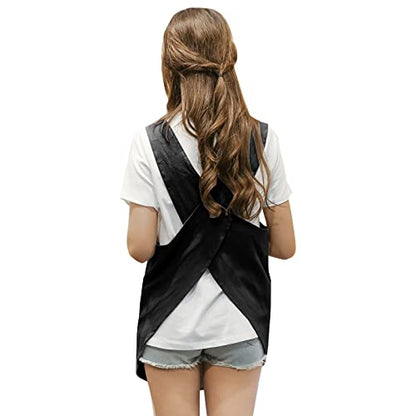 Shortened Design Apron, Japanese Style Soft Cotton Linen Apron with Two Side Pockets, X Cross Halter Aprons, Kitchen Cooking Clothes Present for Women DIY Project, Crafting, Cooking, Baking(Black) - color: Black, style: 1# Style-rounded Edge