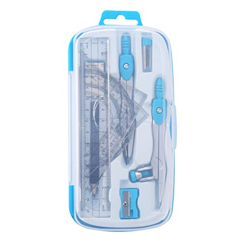 Unjoo Math Geometry Kit Sets 10 Piece Student Supplies with Shatterproof Storage Box,Includes Rulers,Protractor,Compass,Eraser,Pencil Sharpener,Lead Refills,Pencil,for Drafting and Drawings（Blue） - color: Blue