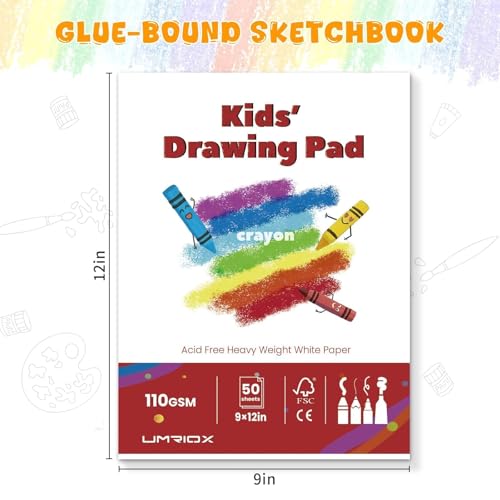 Umriox Drawing Pad for Kids, 9" x 12" Sketch Book, 4-Pack Sketch Pad (50 Sheets Each), 110gsm Acid-Free Drawing Paper, Glue-Bound Art Sketchbook for Kids' Classroom, Travel & School Art Supplies - size: 9" x 12"