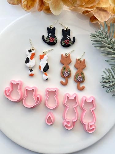 Cute Cat Shaped Clay Earring Cutters Set, Assorted Designs (Calico Cat, Floral Cat), Professional Clay Molds for Handmade Pet Lover Crafts