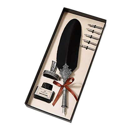 Surakey Writing Quill Pen Feather Pen Calligraphy Ink Dip Pen Set Luxury Vintage Signature Fountain Pen Gift Kit with Pen Stand Holder for Writing,Invitation Letters,Diary, Postcard (Black)