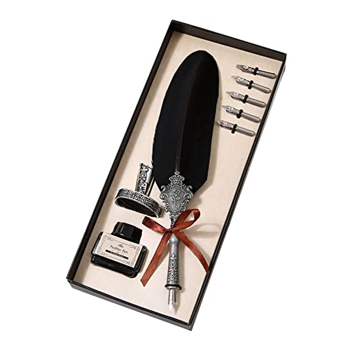 Surakey Writing Quill Pen Feather Pen Calligraphy Ink Dip Pen Set Luxury Vintage Signature Fountain Pen Gift Kit with Pen Stand Holder for Writing,Invitation Letters,Diary, Postcard (Black)
