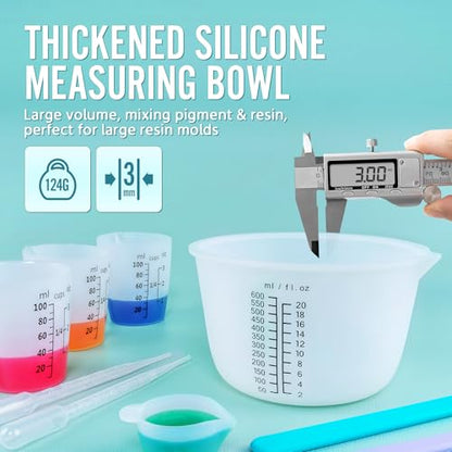 Silicone Resin Mixing Measuring Cups for Resin Supplies, Easy-to-read Marks, 600ml/20oz Bowl, 250&100ml Thickened Reusable Silicone Cups for Epoxy Mixing, with Stir Sticks, Jewelry Making - size: 600+250+4*100ml (Black Marks)
