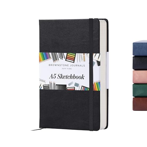 BROWNSTONE JOURNALS A5 Sketch Book Hardcover - 80 Sheets 100 GSM Paper 5"x8", Lay Flat, Vegan Leather Cover, Elastic Band, Back Pocket, Art Drawing Book (Charcoal Black) - color: Charcoal Black, size: A5 (5" x 8")