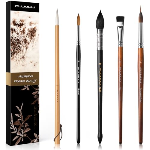 Watercolor Paint Brushes, 5pcs Fuumuui Professional Sable Brush, Wool & Synthetic Squirrel Brushes Set with Extended Needle, Round Point, Flat, Quill Wash Perfect for Watercolor Acrylic Gouache Inks - color: Mix5