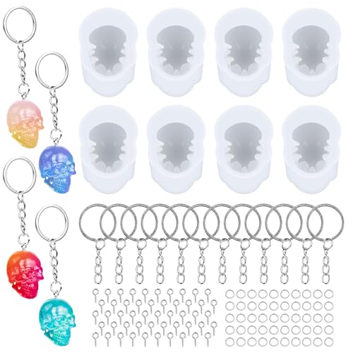8 Pcs Skull Silicone Molds, 3D Skull Resin Molds with Key Ring Accessory, Halloween Skeleton Head Candle Mold for DIY Keychain, Bracelet, Pendant, Halloween Decor - color: Skull Head