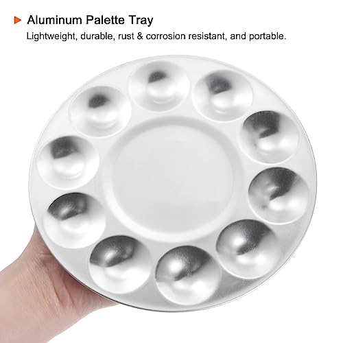 HARFINGTON 2pcs Aluminum Round Paint Mixing Pallet, 10 Wells, Silver, 6.7" x 3.35" - Paint Palette Tray for Acrylic, Oil, Watercolor, Gouache