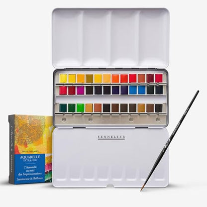 SENNELIER Aquarelle 36-Half-Pan Watercolor Set, Classic Metal Tin Palette with Built-In Mixing Areas – Professional French Watercolor Paints for Artists & Plein Air