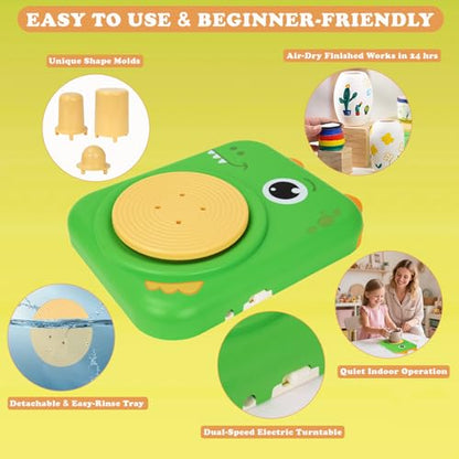 Pottery Wheel for Kids, Art Supplies Arts & Crafts Kit, Crafts Toys for Girls 6+, Pottery Studio Craft Kit with 4 Pack Air-Dry Clay,Girls Toys Birthday Christmas Gift for Kids Ages 6 7 8 9 10 11 12+ - color: Green -Dinosaur
