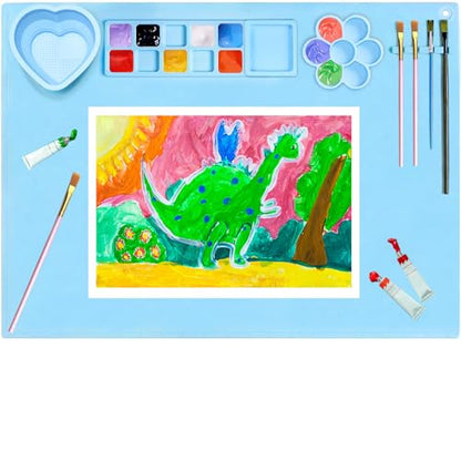 Silicone Painting Mat, 20"X16" Large Silicone Art Mat with Cup, Easy Clean Up, Protects Surfaces Perfectly for Paint, Color, Play with Clay/Play Dough (Blue) - color: Blue