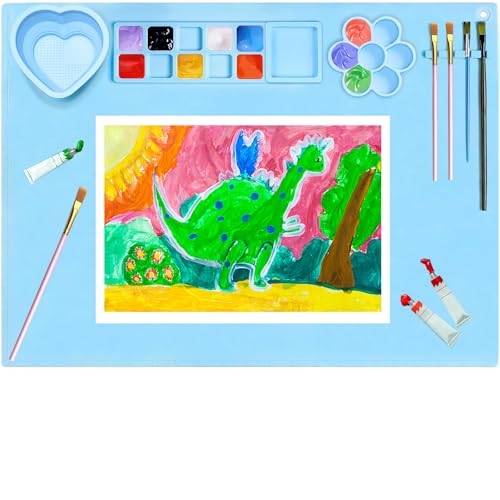 Silicone Painting Mat, 20"X16" Large Silicone Art Mat with Cup, Easy Clean Up, Protects Surfaces Perfectly for Paint, Color, Play with Clay/Play Dough (Blue) - color: Blue