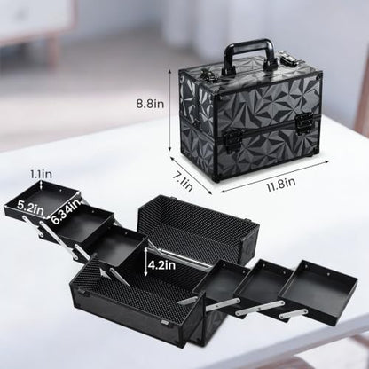 FRENESSA Makeup Train Case Makeup Case 11.8 Inch Large Cosmetic Box Organizer Travel Storage Professional Make Up Train Carrying Case with 6 Trays Locking Hard Vanity Storage Dark Black - color: Dark Black