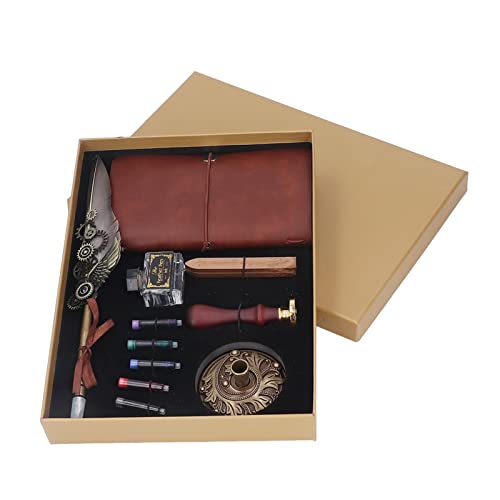 Quill Pen and Ink Set, Vintage Style Writing Instrument with Wax Stamp Notebook, Dip Calligraphy Pen for Invitations Envelopes Postcards Gifts Decoration (Gray) - color: Gray