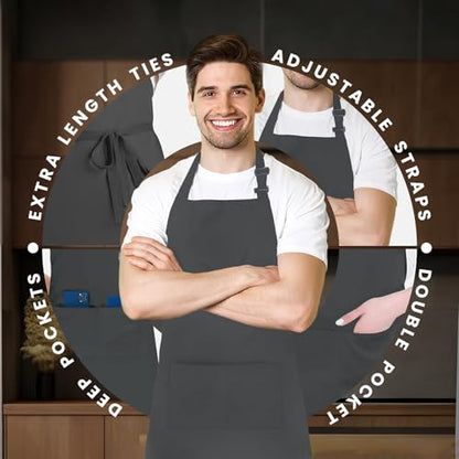 Adjustable Bib Apron 100% Polyester Kitchen Aprons Waterdrop Resistant Aprons with Adjustable Strap, Pockets & Long Ties - color: Grey, style: Pack of 12