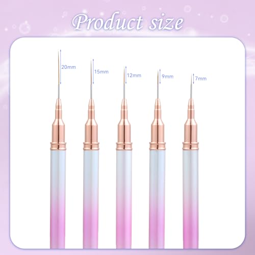 5Pcs Nail Art Liner Brushes For UV Gel Polish, Metal Handle Thin Lines Fine Drawing Pen Painting Striping Detail Design Nails Brush Set Manicure DIY Tool, Sizes 7/9/12/15/20mm（Gradient powder） - color: Gradient Powder