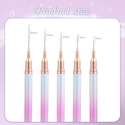 5Pcs Nail Art Liner Brushes For UV Gel Polish, Metal Handle Thin Lines Fine Drawing Pen Painting Striping Detail Design Nails Brush Set Manicure DIY Tool, Sizes 7/9/12/15/20mm（Gradient powder） - color: Gradient Powder
