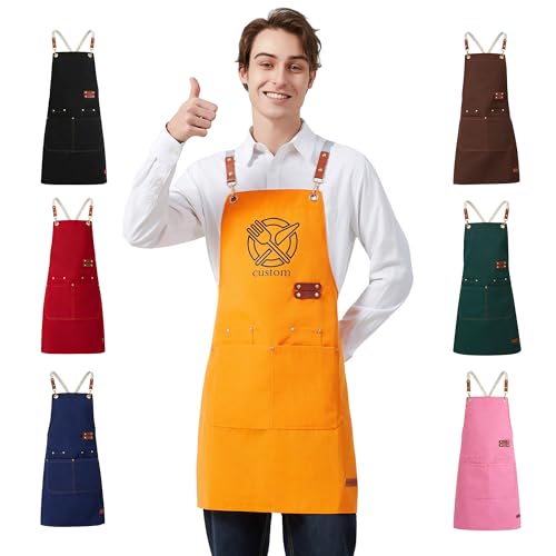 Personalized Waterproof Canvas Apron Custom Logo - Heavy Duty Cross Back 4 Pockets for Men Women Chef Barista - color: Yellow