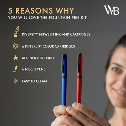 Wordsworth and Black Fountain Pen Set - Blue - Includes 2 Pens, 18 ML Ink Bottle, 60 Ink Cartridges, A Refill Converter, 1 Medium and 4 Broad Nibs, Brush Pen - Fountain Pen Kit for Beginners - color: Red and Blue